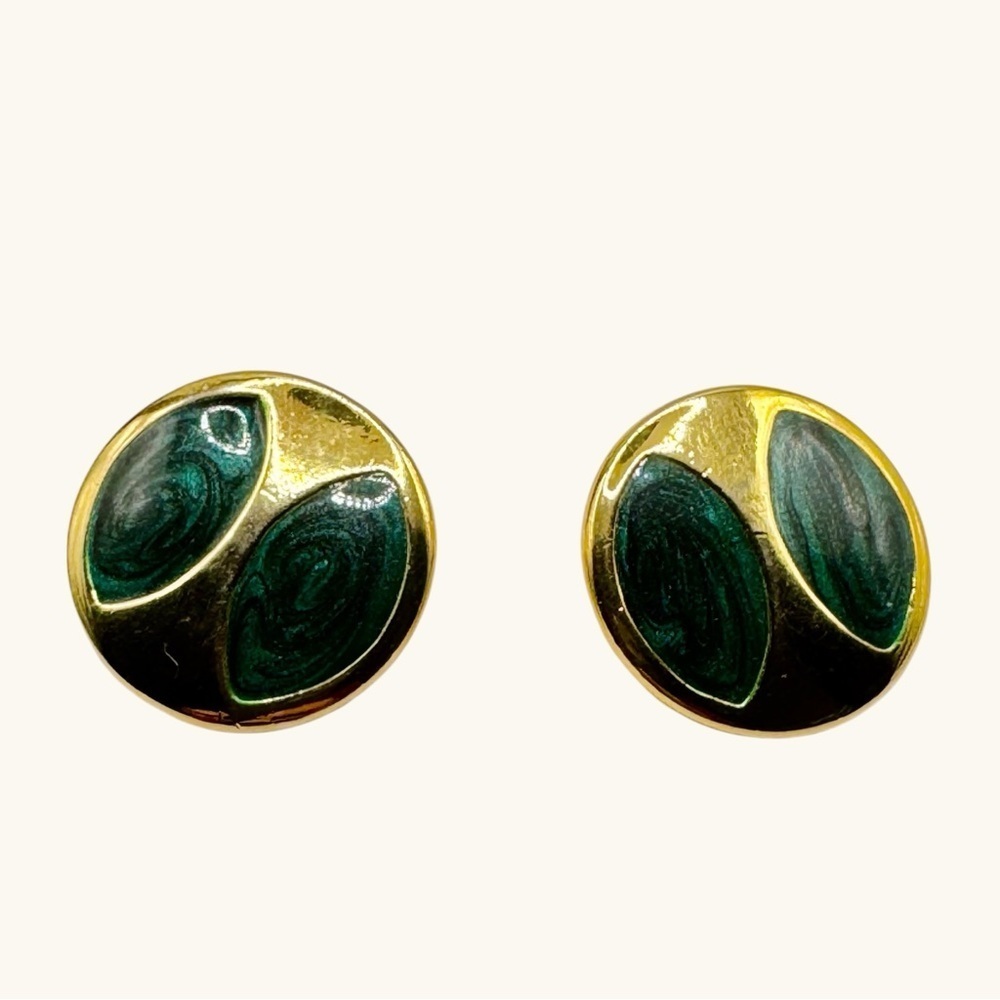 Vintage Green Enamel Gold Tone Round Stud Earrings | Retro Modern - Picture 6 of 8